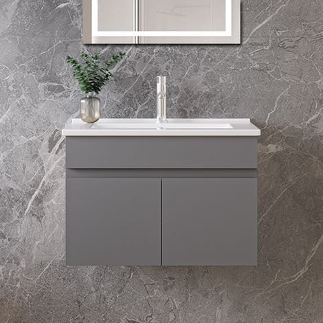 Ocean 59x38.5x40cm Meuble de salle de bain, meuble sous vasque, avec vasque en céramique, double porte, suspendu, anthracite (1/5)