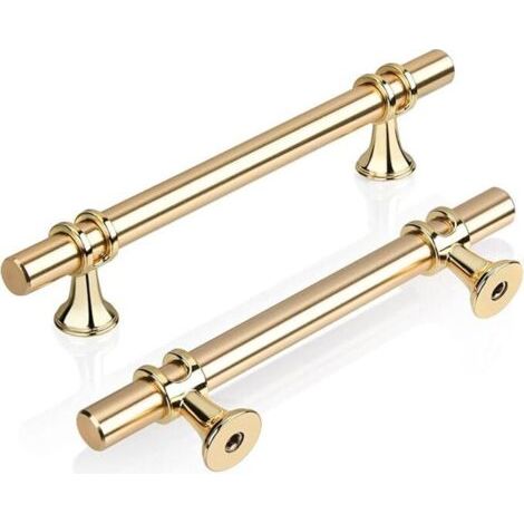 Lot de 2 Doré T Poignée Meuble Cuisine 96mm, Moderne Élégant Or Poignée Porte Armoire Alliage de Zinc Bouton Tiroir pour Cuisine, Salle de Bain, Chambre, Bureau Inclus Vis