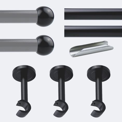 Kit de tringle à rideaux Noir Mat 300cm Diam.20mm Embout Boule - Fixation Mur - Boulet (1/3)