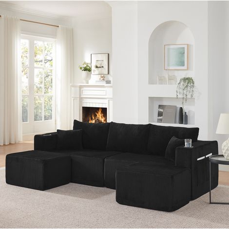 Sofá esquinero modular de 3 plazas con 2 otomanas móviles, portavasos y bolsillos laterales, negro,230x138x75 cm (1/5)