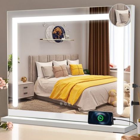 GBLY Schminkspiegel mit Beleuchtung 70 x 55 cm Schminktisch Spiegel mit Licht Touch dimmbare LED 3 Farblichtmodi 5-facher Vergrößerung USB Anschluss Vanity Mirror für Schlafzimmer