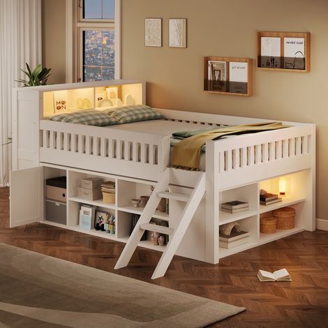 Lit mi-hauteur enfant 120x200 cm, rangements ouverts, placard fermé, éclairage LED en tête de lit, échelle, structure en pin et MDF blanc