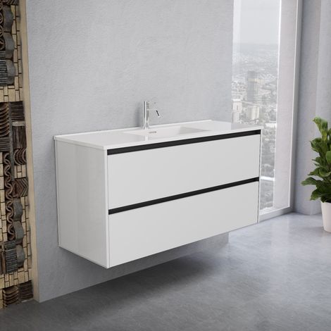 Inda - Badezimmerschrank 2 Schubladen B.120 mit glänzendem Waschbecken / Weiß glänzend - Smeraldo (1/5)