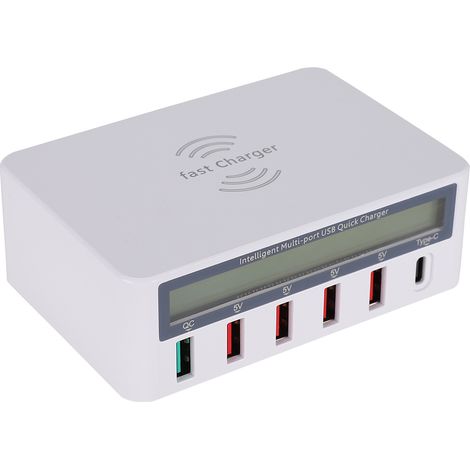 Chargeur rapide multiport USB 3.0 pour téléphone portable avec charge sans fil, adaptateur shunt et 100-240 V, blanc, UE.