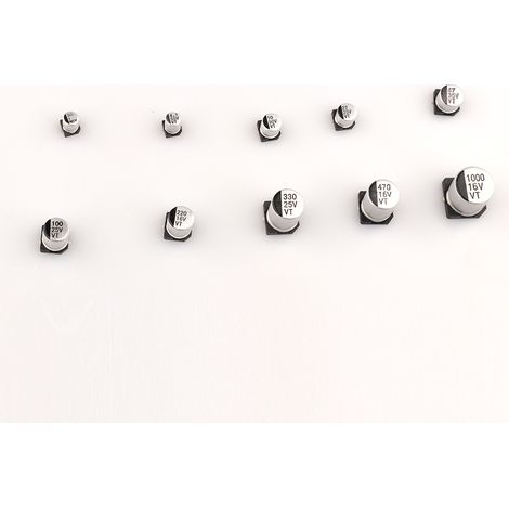 Kit de 180 condensateurs électrolytiques en aluminium CMS (16-50 V, 1 µF/4,7 µF/10 µF/22 µF/47 µF/100 µF/220 µF/330 µF/470 µF/1000 µF) avec boîte en plastique (1/5)
