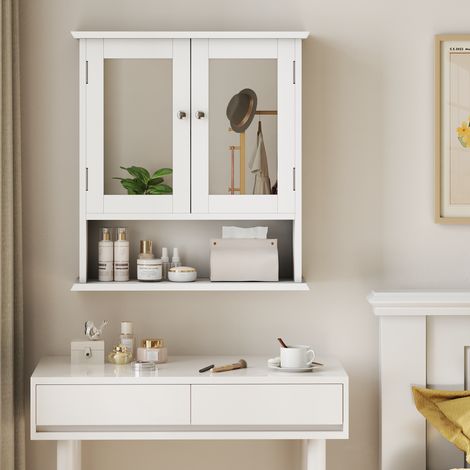 Armoire de salle de bains avec miroir, armoire à pharmacie blanche avec étagère réglable, meuble de toilette pour buanderie et cuisine