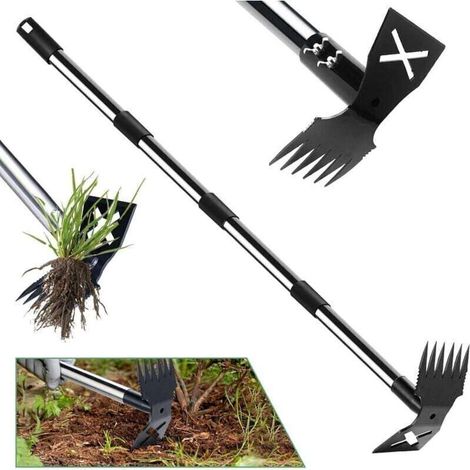 Enowelir Râteau Houe 2 en 1 avec Manche Long 150 cm Extracteur de Mauvaises Herbes Outil de Jardinage Multifonction pour Cour Pelouse et Terrasse