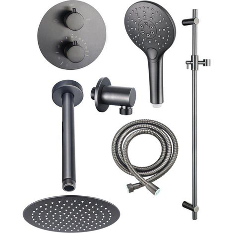 Fortifura Calvi Ensemble de douche à encastrer - rond - thermostatique - bras plafond - glissière - douche principale de 25 cm - douchette ronde -