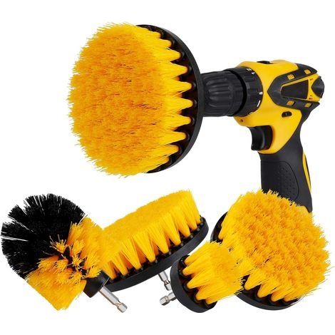 Ensemble de Brosse de Nettoyage 4 Pièces Brosse pour Perceuse Voiture Tapis Baignoire Cuisine Carrelage Toilettes, Jaune (1/5)