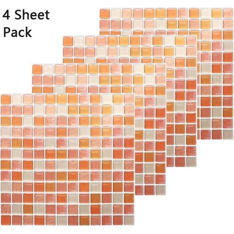 3d Autocollant Mural Imperméable Auto-adhésif en Mosaique, Carrelage Adhesif Mural Salle de Bain, Carreaux Adhesif Mural Cuisine, 4 pcs Orange (1/5)