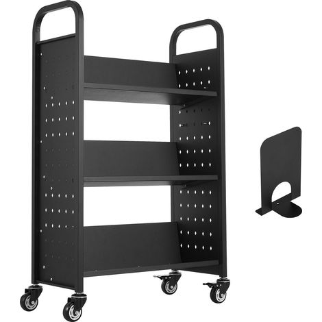 Rollbarer Bibliothekswagen, Tragkraft 150 kg, 77 x 38 x 122 cm, V-förmige Regalböden, 76,2 mm feststellbare Rollen, für den privaten und gewerblichen Gebrauch, schwarz. (1/5)