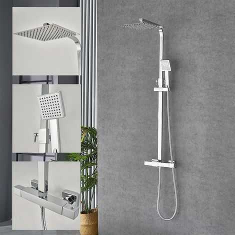 Colonne de Douche avec mitigeur thermostatique Chrome, 10In Douche de tête Carré,RéGlable en Hauteur Système de douche (1/5)