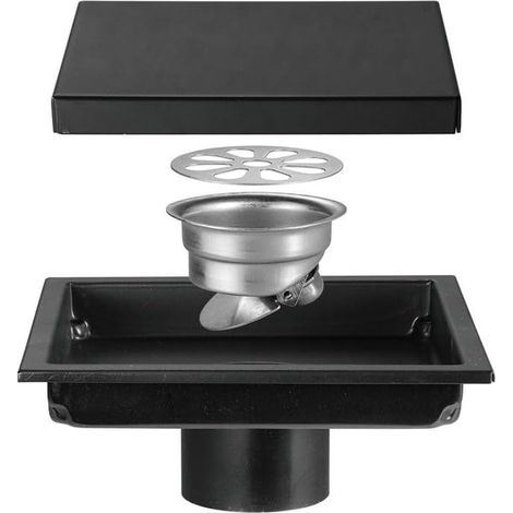 Siphon de Sol Invisible en Acier Inoxydable, 15 x 15 cm, Sortie latérale, pour Salle de Bain, Double Couleur brossée, Noir, 15 x 15 cm (1/5)