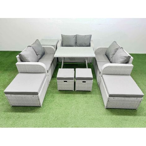 Fimous 10 Seater Patio Garden Furniture Sets with Dining Table Love Sofa Side Table 4 Stools Light Grey (1/4)