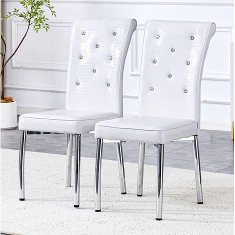 Juego de 2 sillas de comedor, tapizado efecto piel de cocodrilo, detalles de cristal, metal y PVC blanco (1/5)