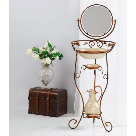 Toilette da Camera con porta catino Decorato con Foglie  Colori Ferro: Azzurro - Shabby Chic (1/2)