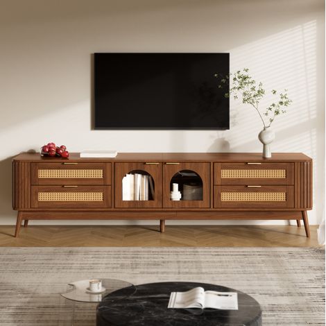 TV-Schrank 180x40x50 cm, vier Schubladen, Bogenglas Türen, LED per App, Spanplatte, Nussbaum (1/5)