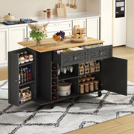 Îlot de cuisine - 120x45(70)x89 cm - Plan de travail rabattable extensible - Roulettes 360° avec freins - Casier à bouteilles (1/5)