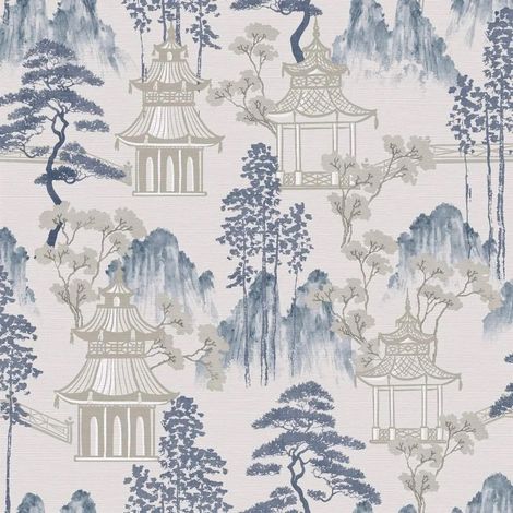 Arthouse Japanese Pagoda Blue Grey Wallpaper Floral Oriental Feature Wall