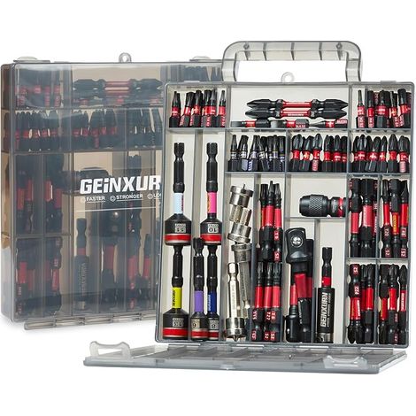 Geinxurn Lot de 99 Embouts de Vissage (Torx, Cruciforme, PZ, Hex, SL), en Acier S2 Magnétique, avec Porte-embout, Adaptateur, Clé à Douille, Embout PH2 avec butée de profondeur avec Boîte de Gris Tor