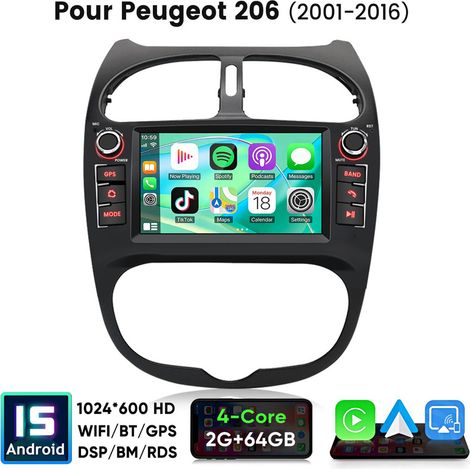 7 pouces Carplay 4 cœurs Autoradio pour Peugeot 206 (2001-2016) 64G JUNSUN