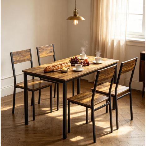 Conjunto de comedor de 5 piezas con mesa rectangular y 4 sillas, marrón rústico y negro, 108 x 60 cm (1/5)