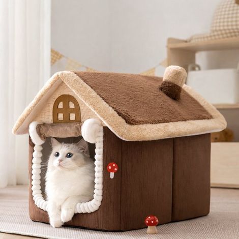 Niche de luxe pour chat et chien - Maison en peluche en forme de maison avec cheminée - 44 x 35 x 38 cm - Marron/Beige - Nid douillet - Tente de couchage anti-stress (1/4)