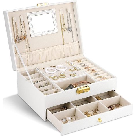 Joyero para mujer con espejo, caja de almacenamiento de joyas de terciopelo de 2 niveles con llave, blanco