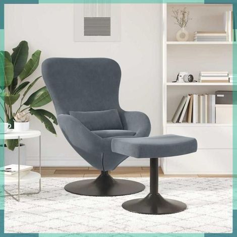 Chaise œuf avec pouf - 42002745 - Velours gris foncé - Base pivotante 360° - Pouf incurvé (1/5)