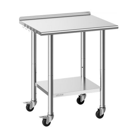 Mesa de Trabajo de Acero Inoxidable 2 Niveles, Mesa de Preparación con Ruedas 76,2 x 61 x 89,4 cm, Estante Inferior Ajustable, Protector contra Salpicaduras, para Restaurantes, Bares, Hoteles (1/5)