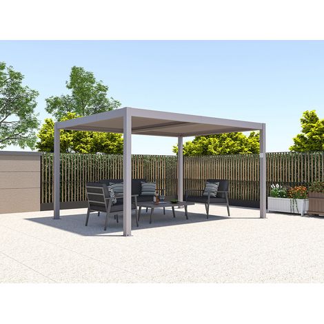 Pergola bioclimatique autoportante électrique taupe en aluminium avec lames orientables 12 m² - AMADORA (1/4)