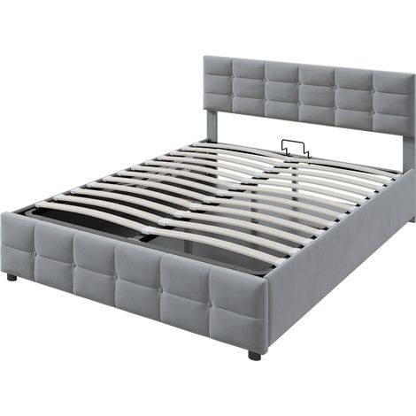 Cama capitoné 180 x 200 cm gris con somier de láminas y arcón hidráulico (1/5)