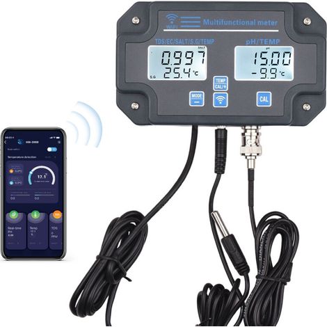 Analizador multifuncional 6 en 1 de calidad del agua con WiFi: pH/EC/TDS/SALT/SG/Temperatura, control por aplicación, alarma, botón pulsador, pantalla digital, montaje en pared, gris, estándar europeo (1/5)