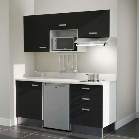 Kitchenette K20L - 180 cm - emplacements frigo, micro-ondes et hotte-Noir-Snova-évier à gauche