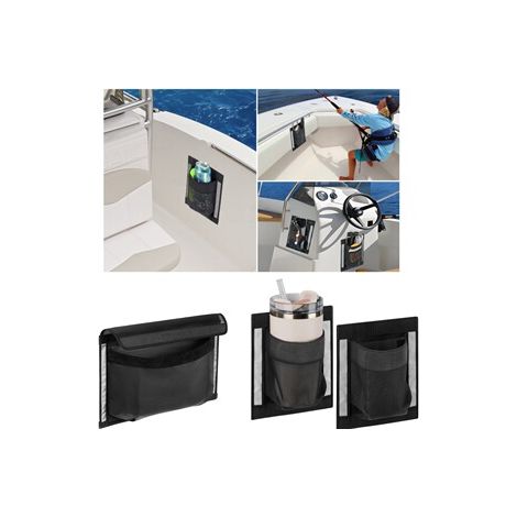 Filet porte-gobelet autocollant pour bateau, poche de rangement adhésive pour embarcation, filet portable pour activités nautiques, 19 x 16,5 cm, Noir (1/5)