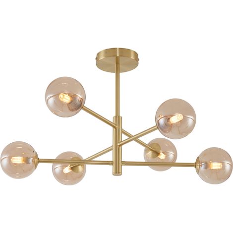 QAZQA Moderno Lámpara de techo moderna de latón con cristal ámbar 6-luces - Ryan Metálica /Vidrio Esfera /Alargada Adecuado para LED Max. 6 x 8 Watt
