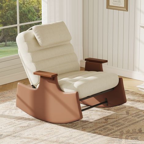 Sedia a dondolo in lana d'agnello beige – con poggiapiedi – schienale regolabile in tre posizioni – cuscino di seduta spesso – design ergonomico (1/5)