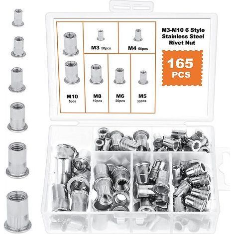 165 PCS En Acier Inoxydable Rivet Écrou Outil Plat Tête Filetée Rivet Nutsert Cap Assortiment kit M3 M4 M5 M6 M8 M10 Types Nuts (6 Types 165PCS Stainless Steel Rivet Nut) (1/5)