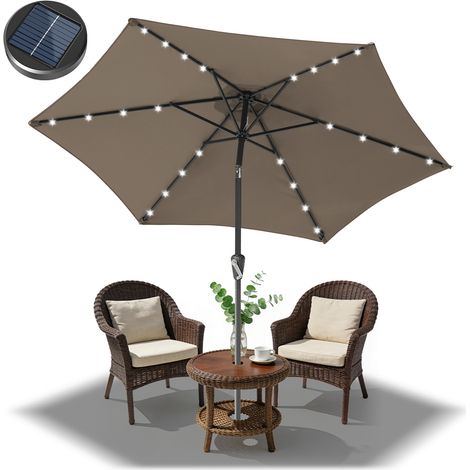 Randaco Parasol 2,7 m UV50+, inclinable, sombrilla de jardín y playa con iluminación LED solar, lona con revestimiento PA, topo (1/5)
