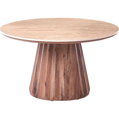 Tavolino da caffè con piano in ceramica effetto travertino base a piedistallo scanalata stile moderno Mid-Century marrone Sabrina (1/5)
