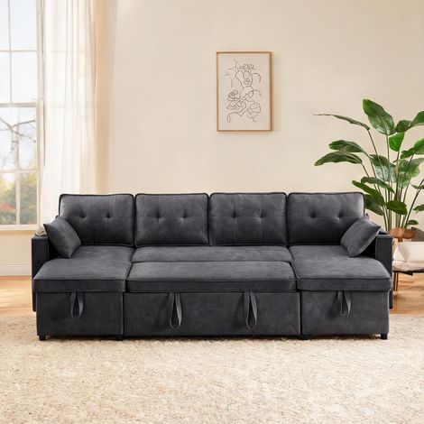 Canapé convertible U en tissu gris avec rangements en leinenoptik (1/5)
