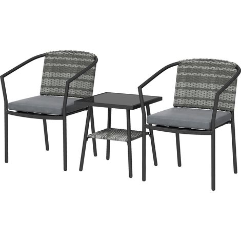 3 Pieces Rattan Bistro Set with Cushions, Wicker Garden Furniture Set, Glass Top Coffee Table Chairs for Outdoor Patio, Balcony, Terrace Conservatory, Grey (1/5)