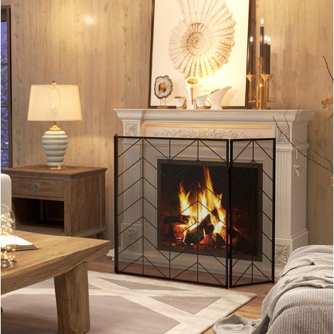 Pare-feu de cheminée pliable à 3 panneaux, barrière de protection en métal noir avec motif à chevrons, 135 x 1,2 x 85 cm, rangement facile pour salon – CHICFURN (1/5)