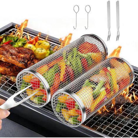 Ensemble de deux paniers à barbecue roulants, en acier inoxydable 304, adaptés aux légumes, frites, poissons, etc., accessoire de barbecue extérieur.