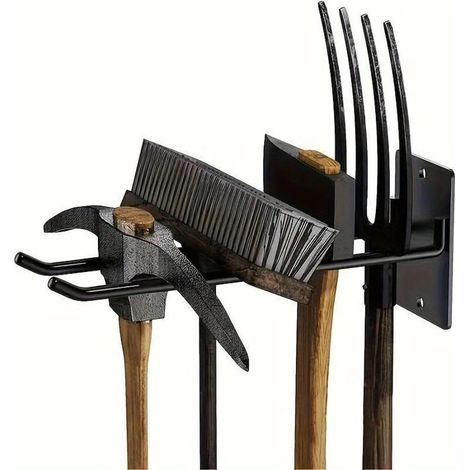 Support mural robuste pour outils de garage et jardin : pelles, râteaux, balais, crochets de rangement en fer.