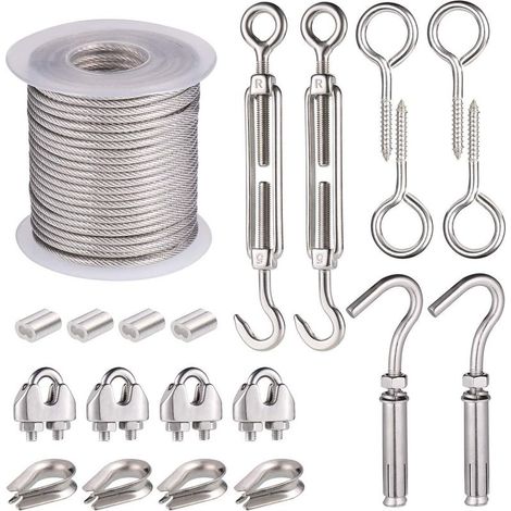 Kit di 21 ganci in metallo con cavo, ganci e tenditori in PVC, cavo in acciaio inossidabile, supporto per piante rampicanti, pergolati, glicini e per appendere foto in giardino. (1/5)