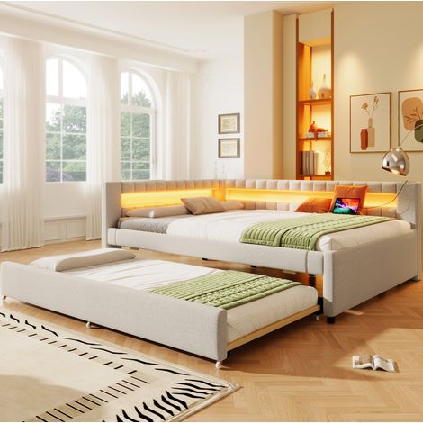 Cama nido con LED y USB lino 140x200 beige OKMYHOME (1/5)