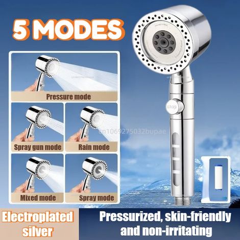 Pommeau de douche portable en ABS argenté à 5 jets, haute pression, grand débit, avec filtre spa et bouton d'arrêt, buse universelle pour salle de bain. (1/5)