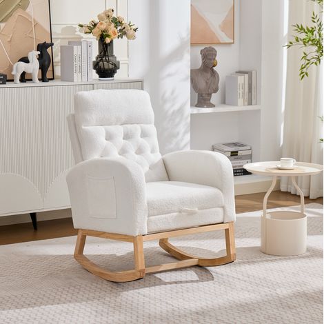Sillón mecedora, 65,6 x 123 x 102 cm, con reposapiés extraíble, en teddy y madera, blanco (1/5)