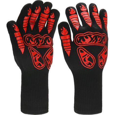 1 paire de gants de barbecue, résistants à la chaleur de 800 °C, antidérapants, pour barbecue, pâtisserie, cuisine [motif torche, rouge] (1/5)